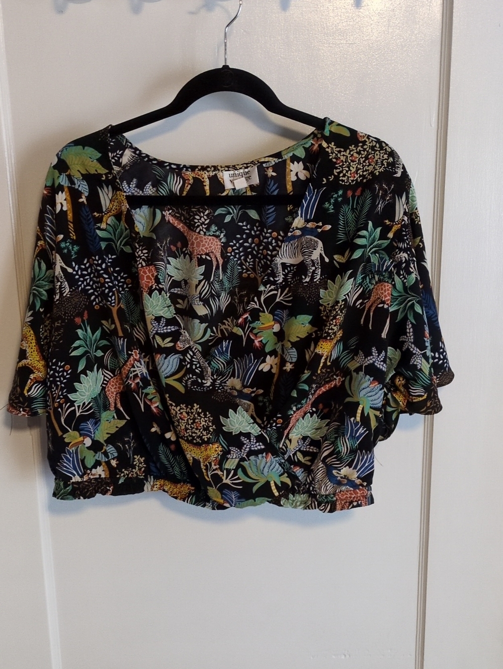 Unique Vintage Black Tropical Animal Print Cropped Wrap Top